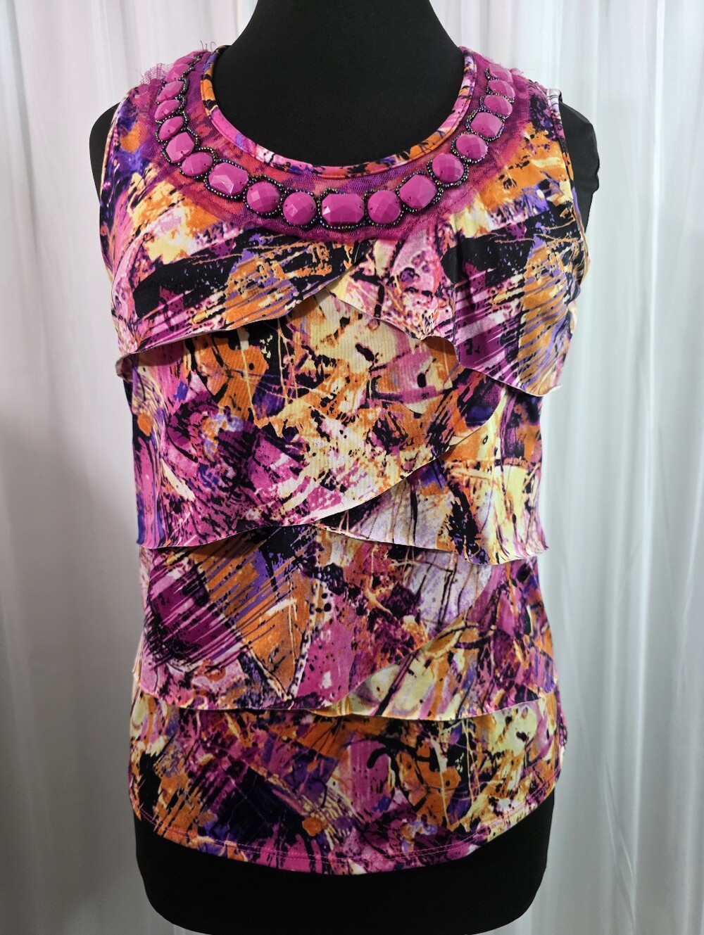 Notations Pink, Orange & Purple Layered Ruffle Beaded Tank, Size: L/G